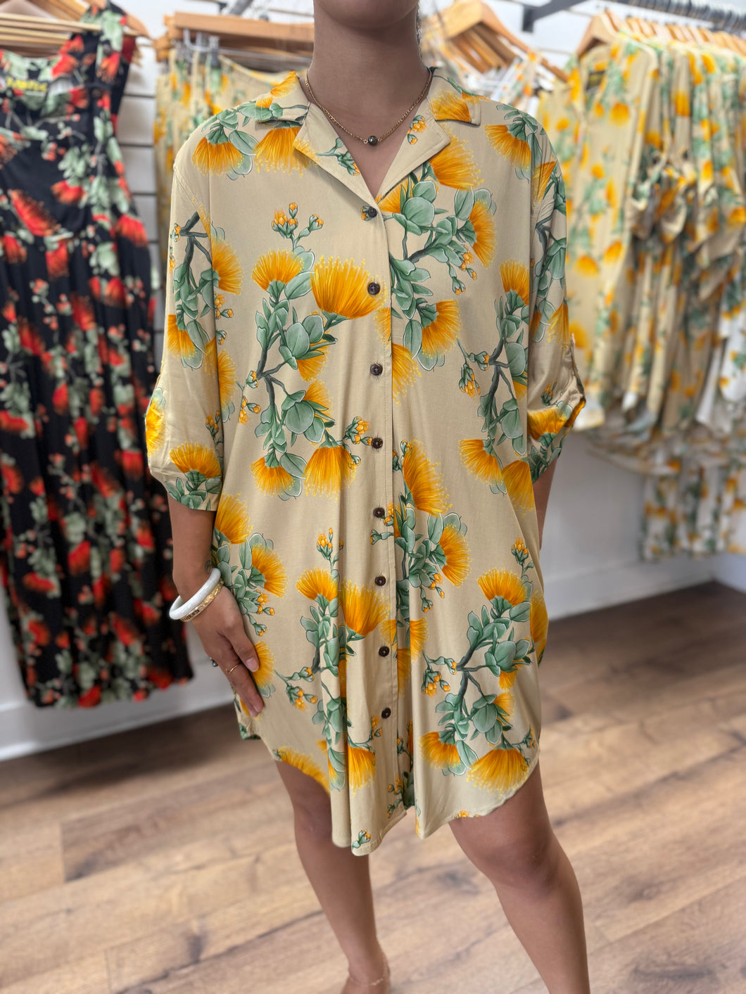 Aloha Shirt Dress ~ Lehua Mamo X Tan